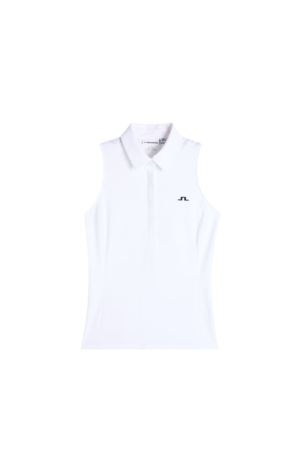 Vorderansicht: Weißes Kristina Sleeveless Polo mit Polokragen, verdeckter Knopfleiste und Bridge-Logo auf der Brust.