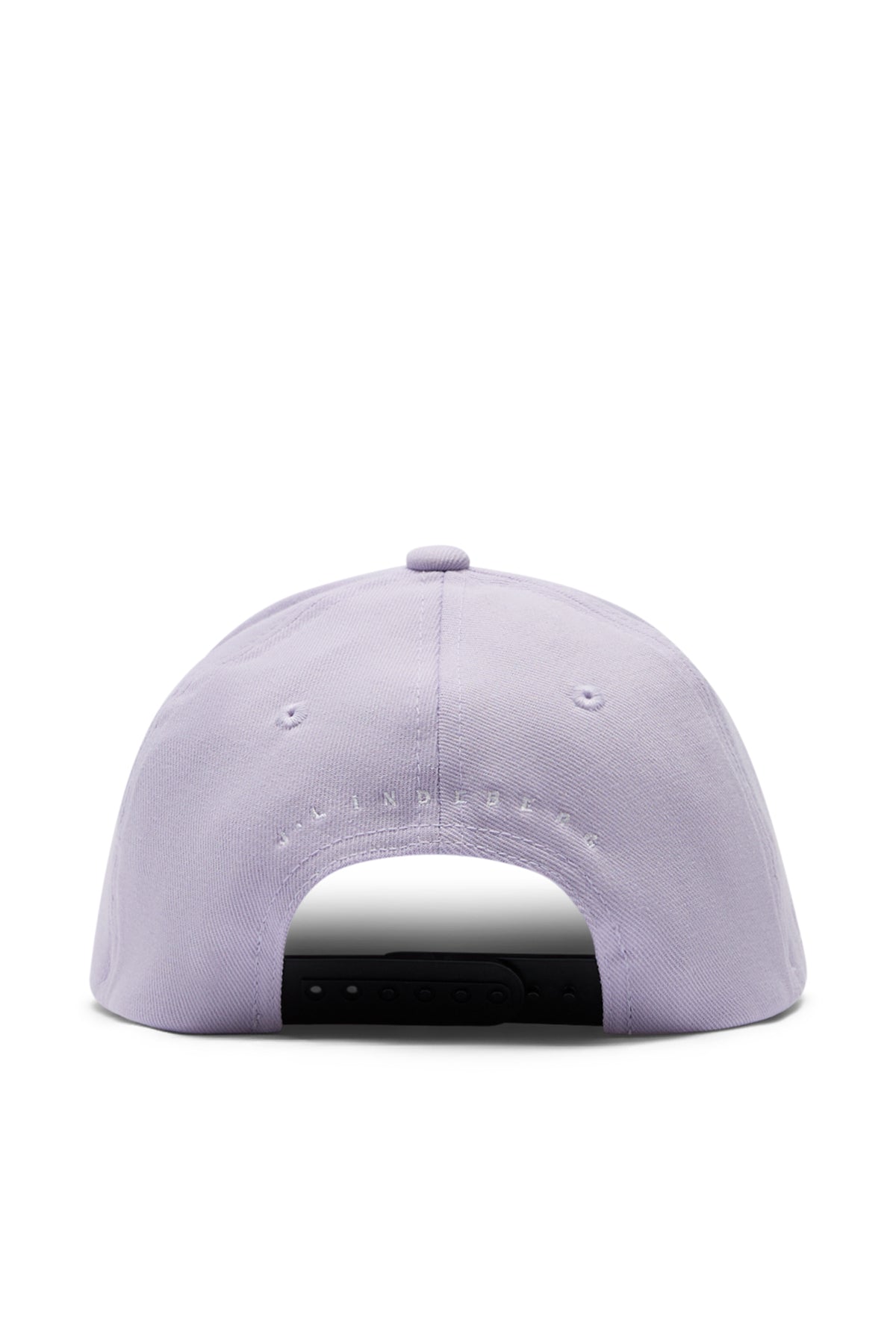 Achteraanzicht: Heath Cap in Purple Heather met verstelbare sluiting en J.LINDEBERG-borduursel.