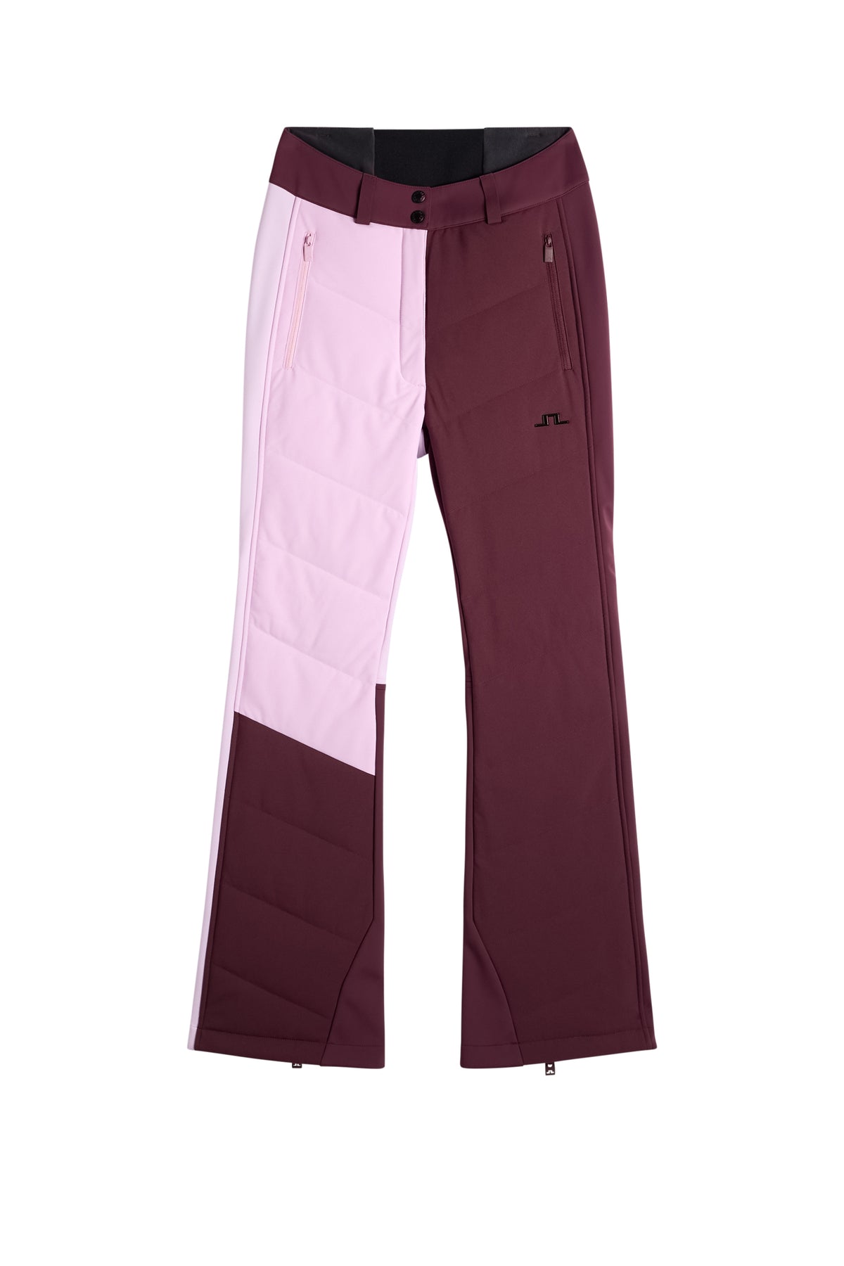 Vorderansicht: Yara Blocked Down Pant in Winetasting mit Color-Block-Design, Steppung und Bridge-Logo am Bein.