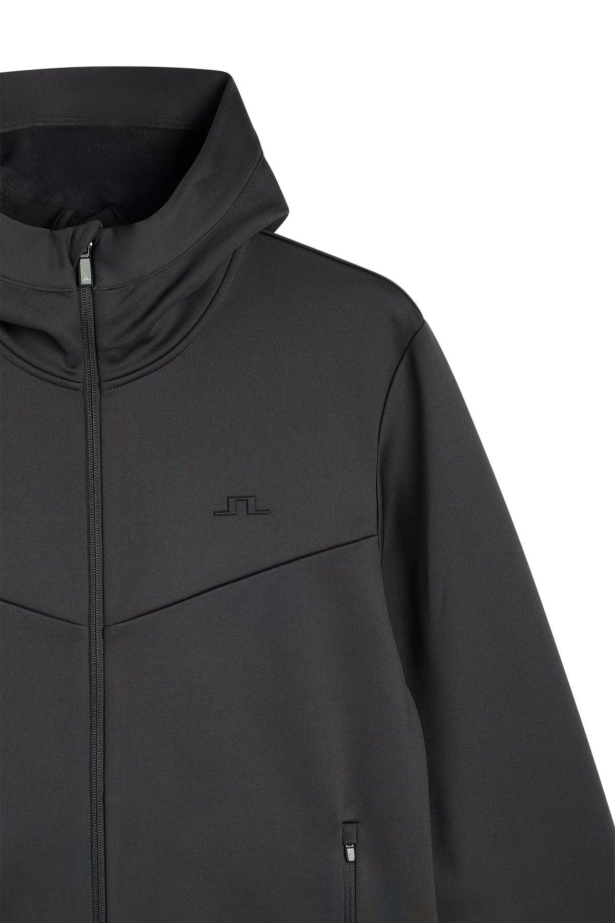 Maclean Zip Hood in black, close-up front view showing the hood, front zipper, and tonal Bridge logo on the chest.