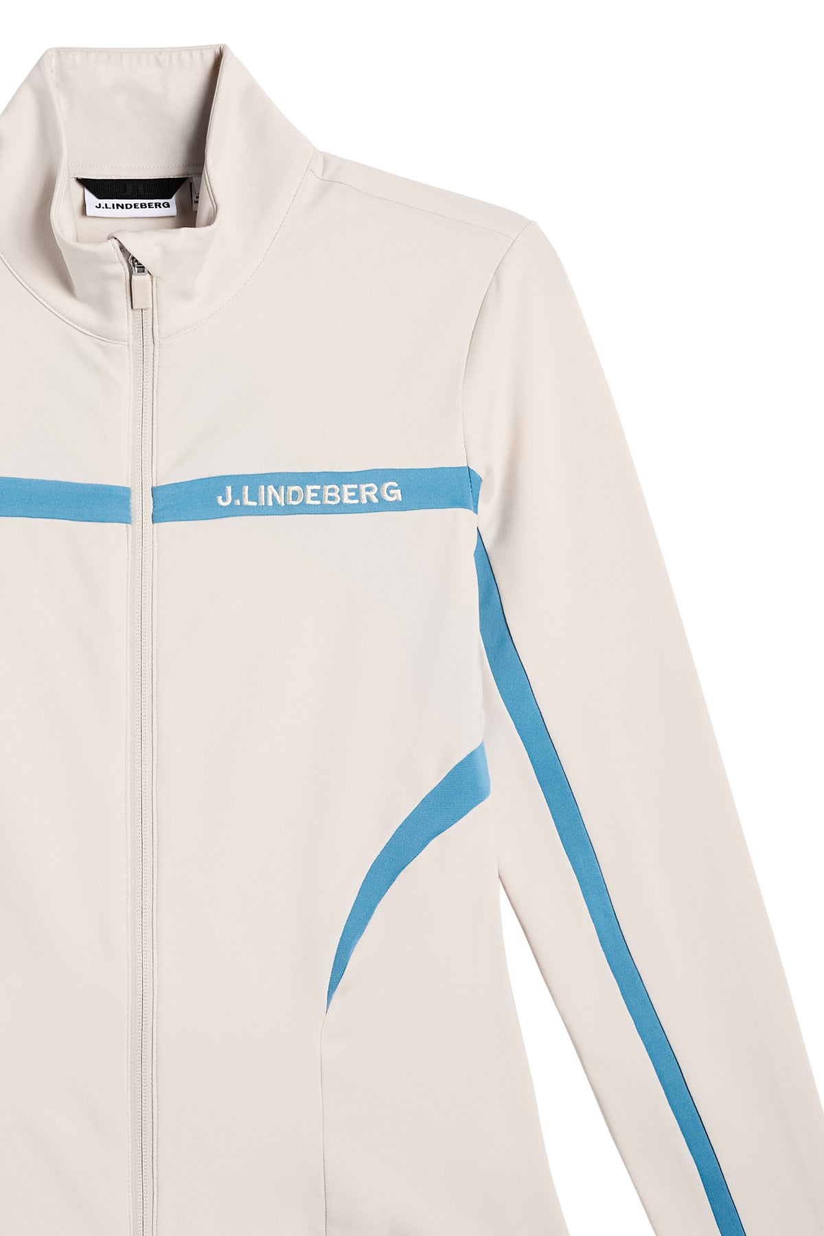 Close-up of the Janice Mid Layer in Moonbeam with blue stripe detail and J.LINDEBERG chest logo.