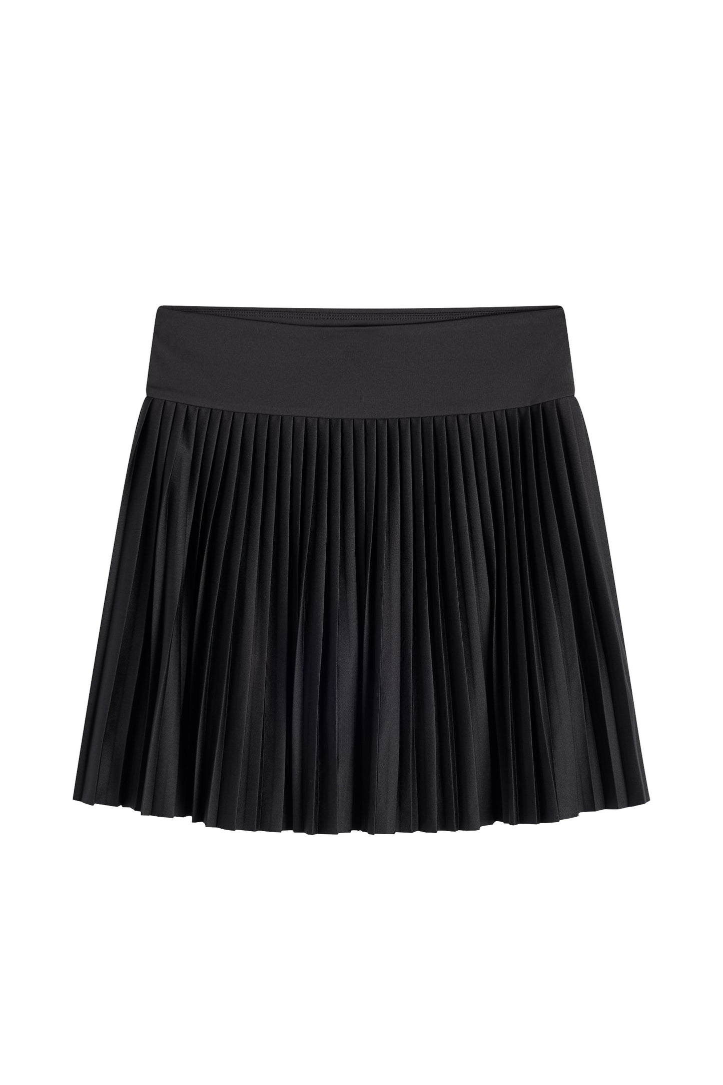 Vooraanzicht: Zwarte Alexandra Skirt met een brede tailleband en geplooide zoom.