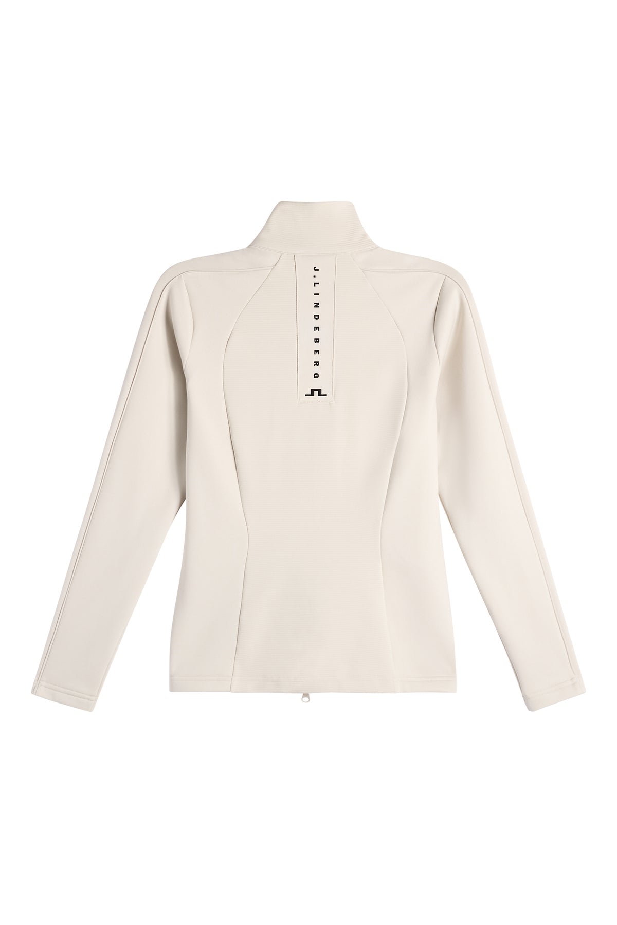 Back view: Mireya Full Zip Mid Layer in Moonbeam with J.LINDEBERG print and Bridge logo.