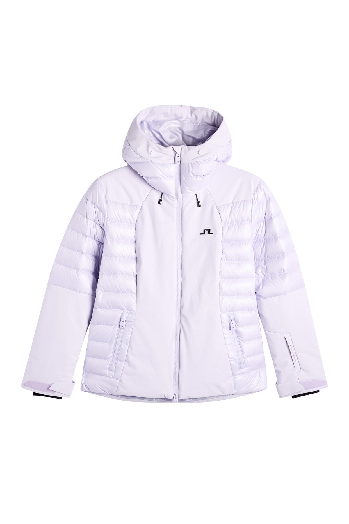 Forfra: Maelle Down Jacket i Purple Heather med hætte, lynlåslommer og Bridge-logo på brystet.