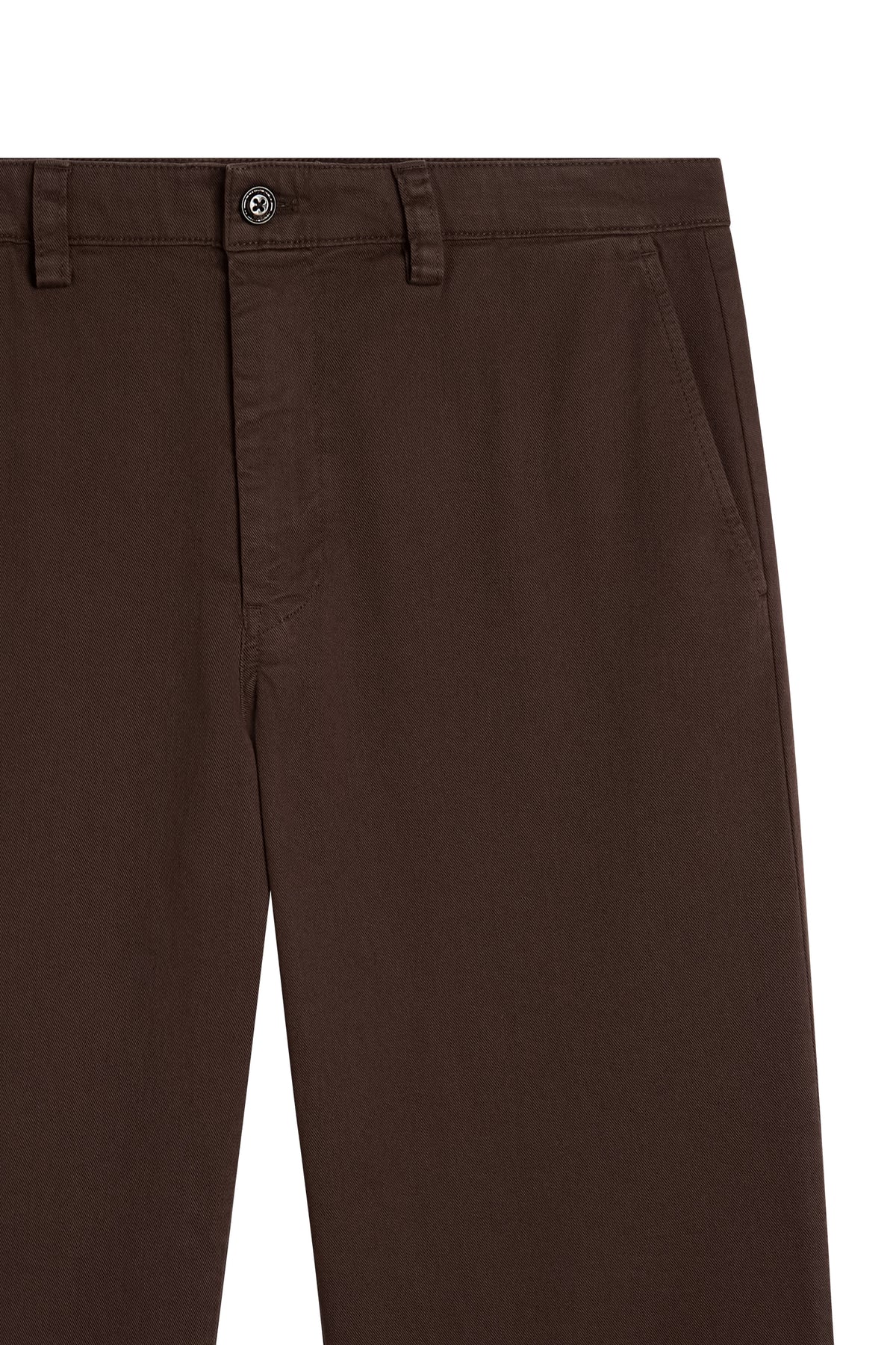 Close-up of waistband, branded button, and side pocket on the Devyn Straight Cotton Pants in Seal Brown.