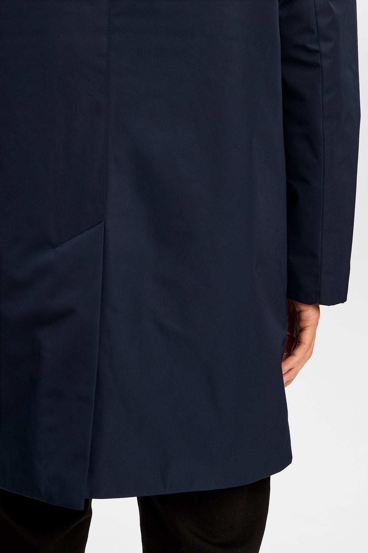 Close-up back view: Harold Padded Jacket in JL Navy, showing the lower back seam detail and matte finish.