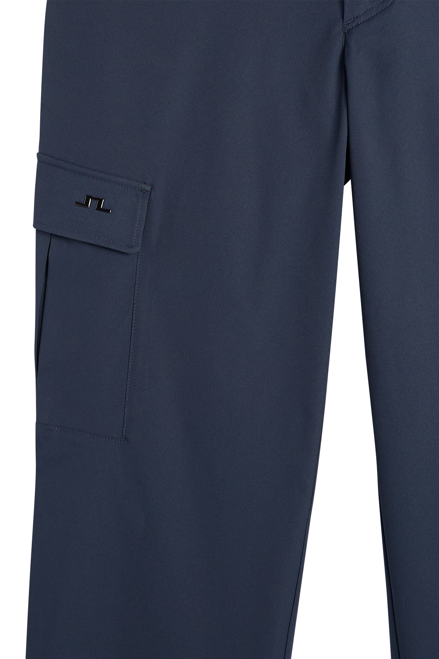 Logan Cargo Pant in JL Navy, close-up view of the side cargo pocket and metallic Bridge logo.
