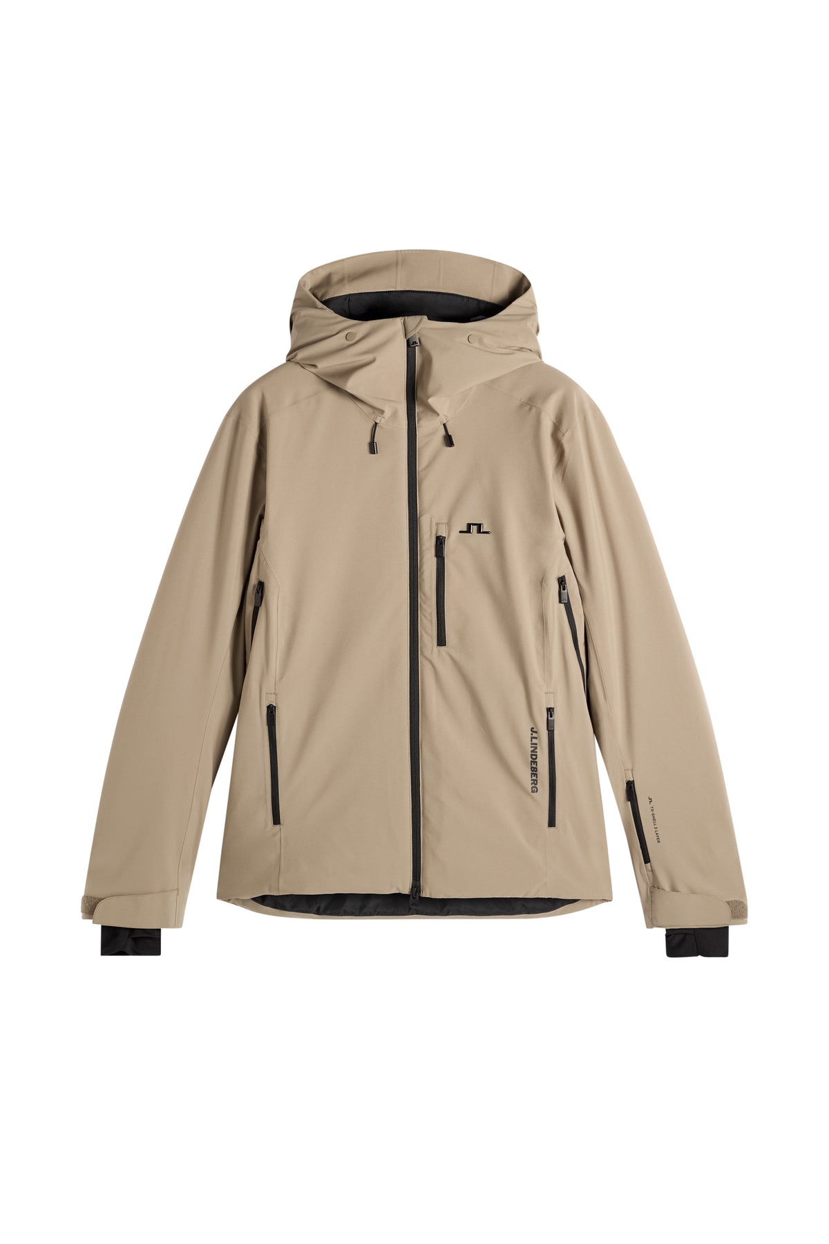 Carrington Jacket in brindle, front view with hood, black central zipper, and multiple zip pockets.