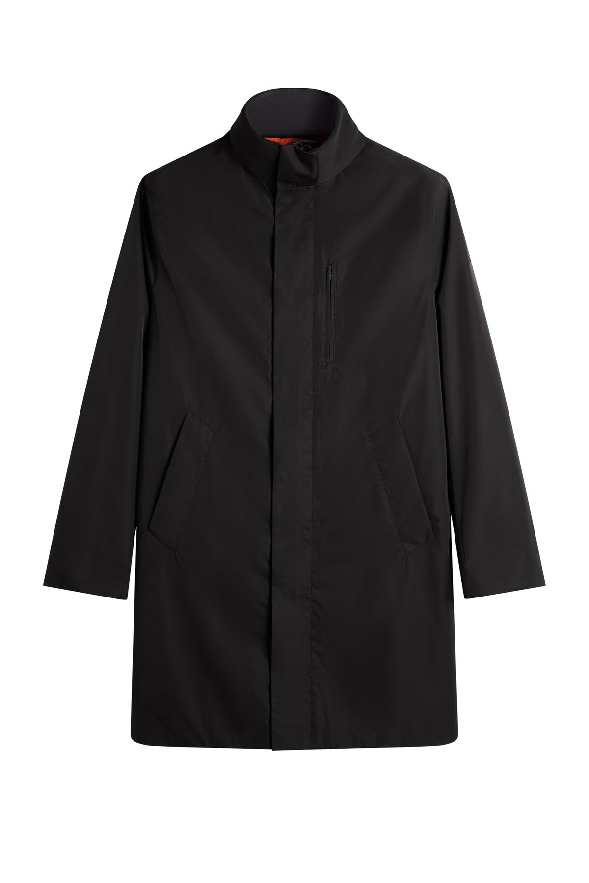 Harold Padded Jacket in black, front view with a stand collar, concealed placket, and vertical chest pocket.