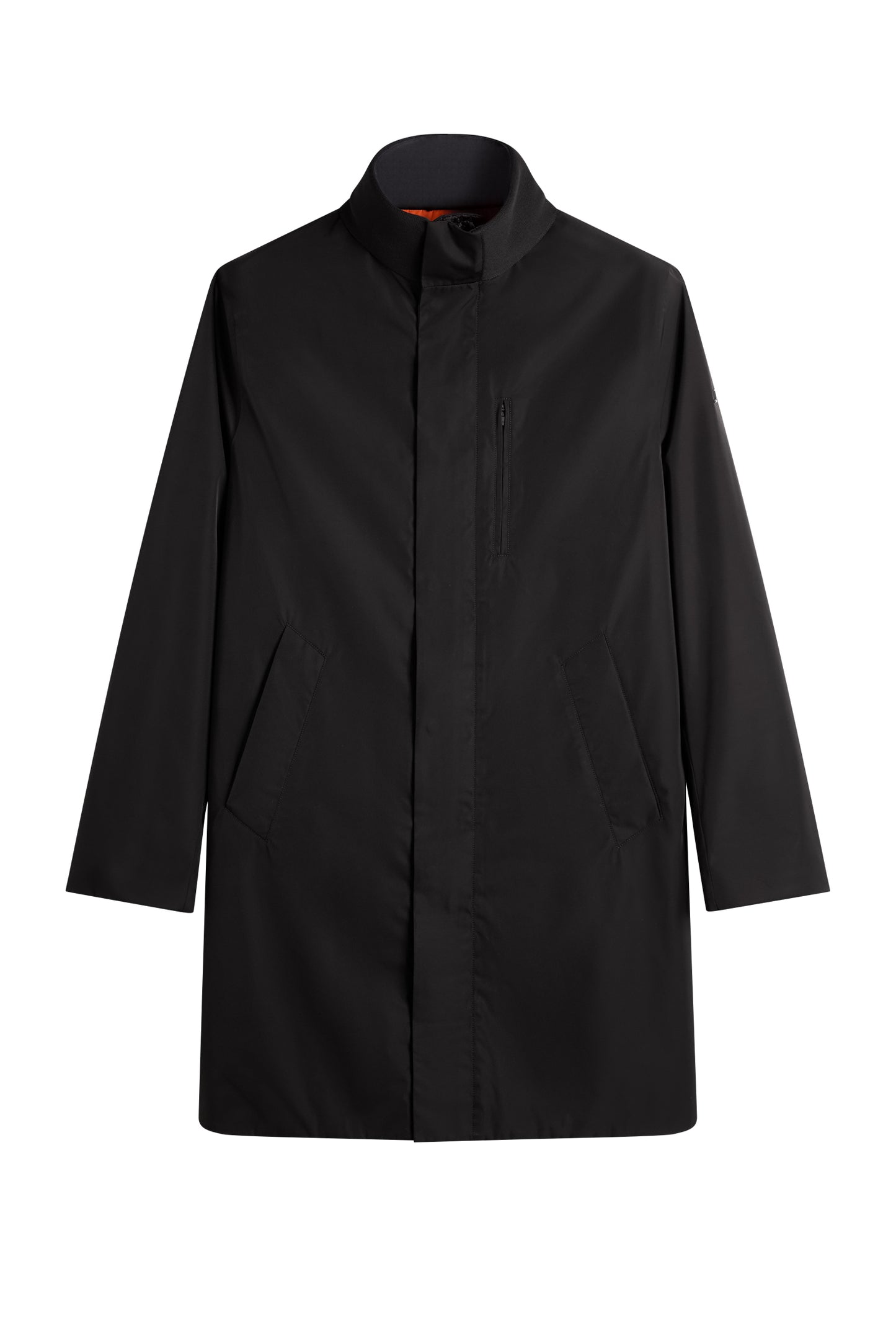Harold Padded Jacket in black, front view with a stand collar, concealed placket, and vertical chest pocket.