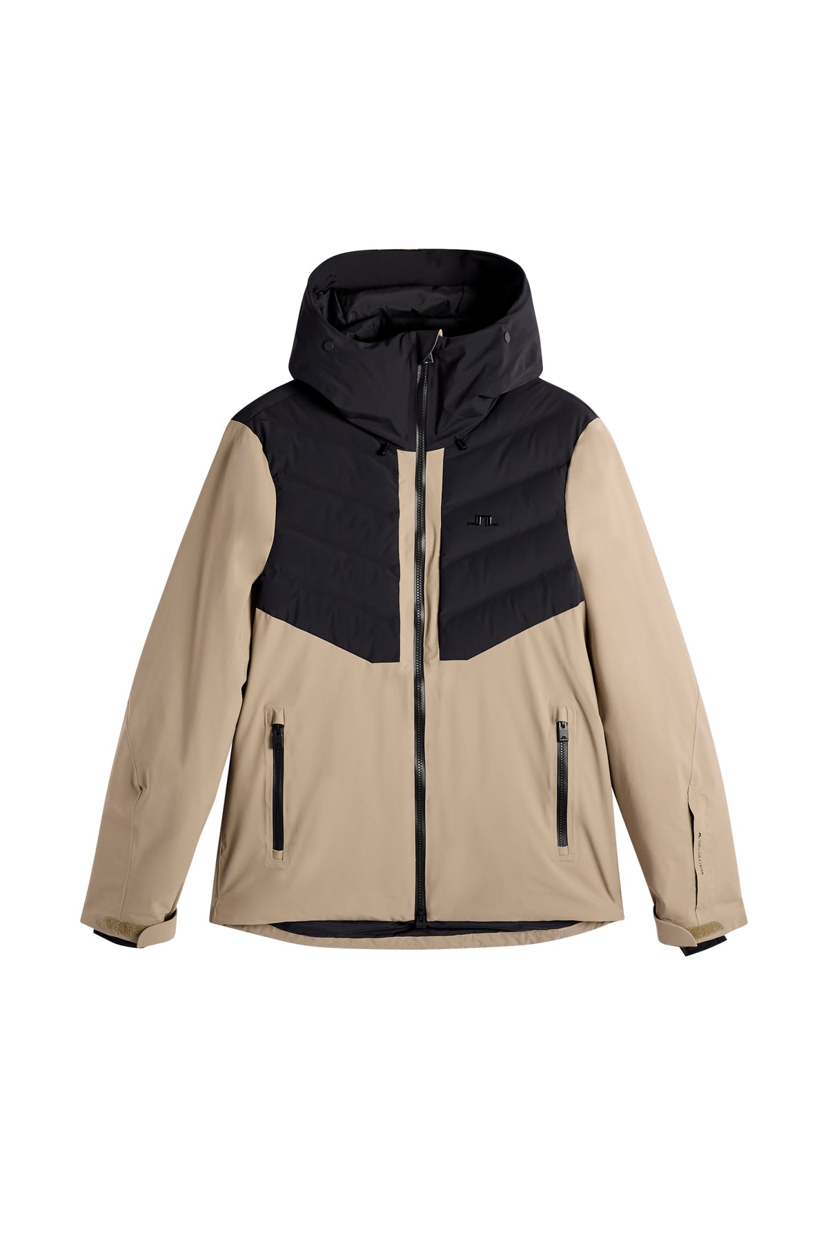 Set forfra: Blackwell Jacket i Brindle med sort quiltet panel, hætte, lynlåslommer og Bridge-logo på brystet.