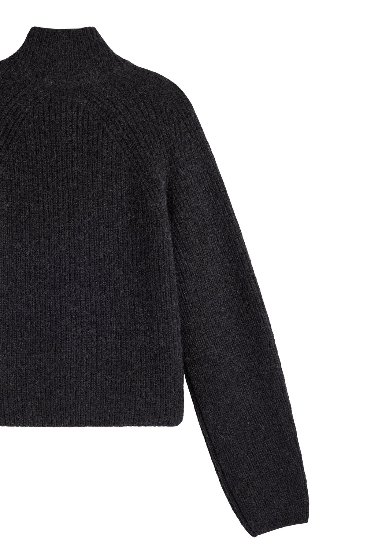 Nærbilde: Svart Whitney Rib Knit Full Zip sett bakfra med ribbestrikket struktur og raglanermer.