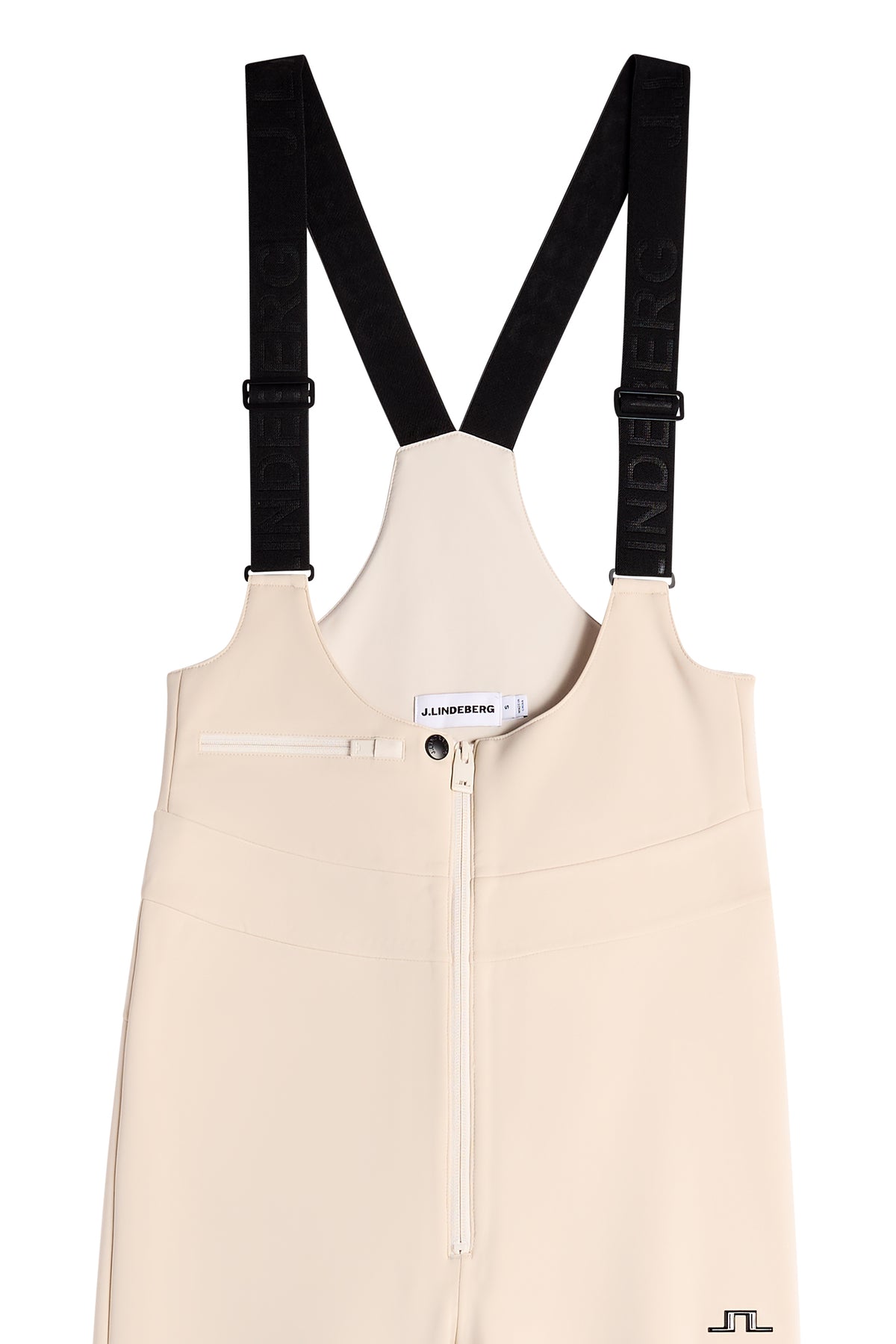 Close-up: Aviana Softshell Bib Pant in Moonbeam met zwarte bretels met logo, ritssluiting en borstzakje.