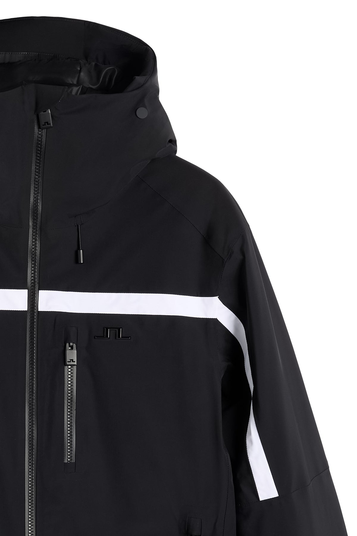 Close-up of the black Windsor Jacket with a hood, white stripe, zippered chest pocket, and Bridge logo.