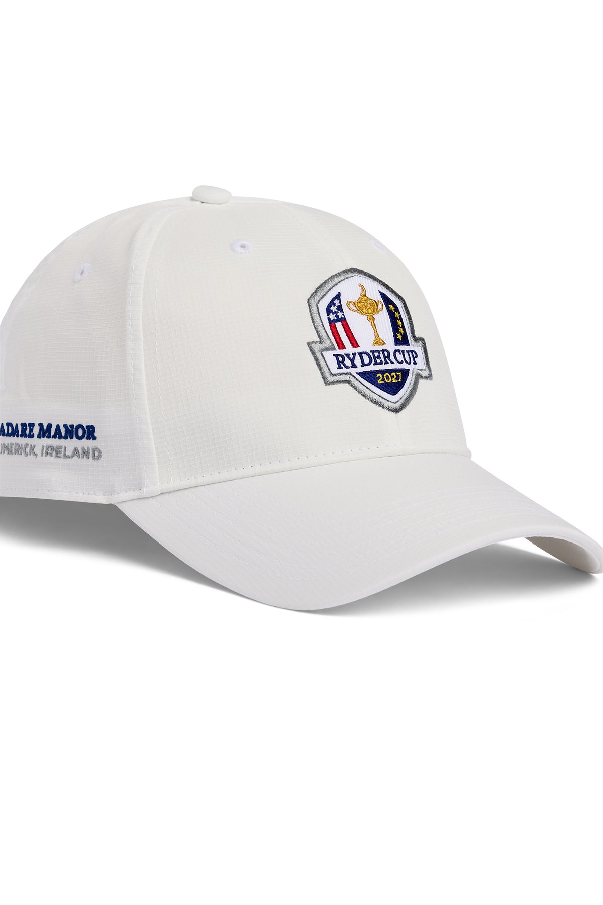 Abe Cap in white, three-quarter view showing the 2027 Ryder Cup and Adare Manor embroidery.