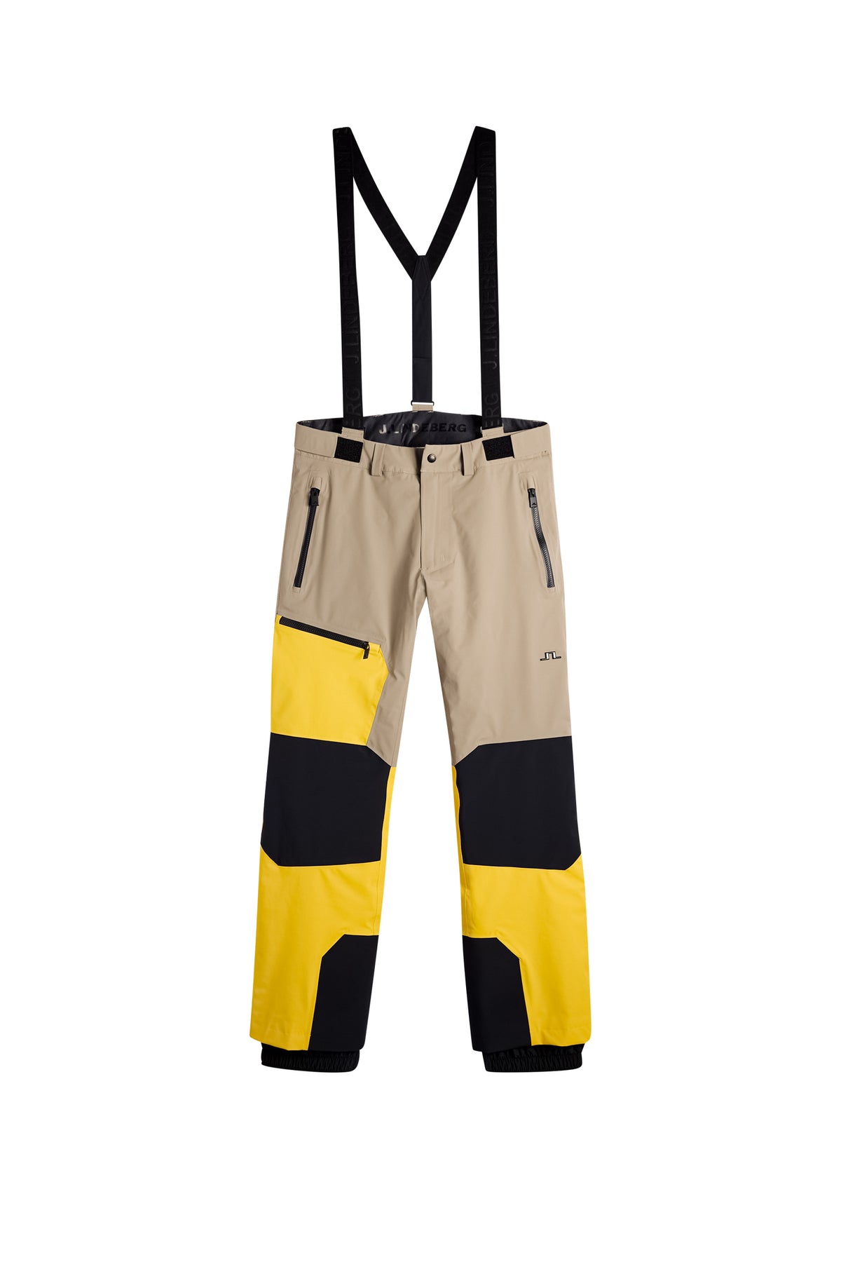 Vue de face : Crue Suspender Blocked Pant Bumblebee avec bretelles et panneaux color-block.