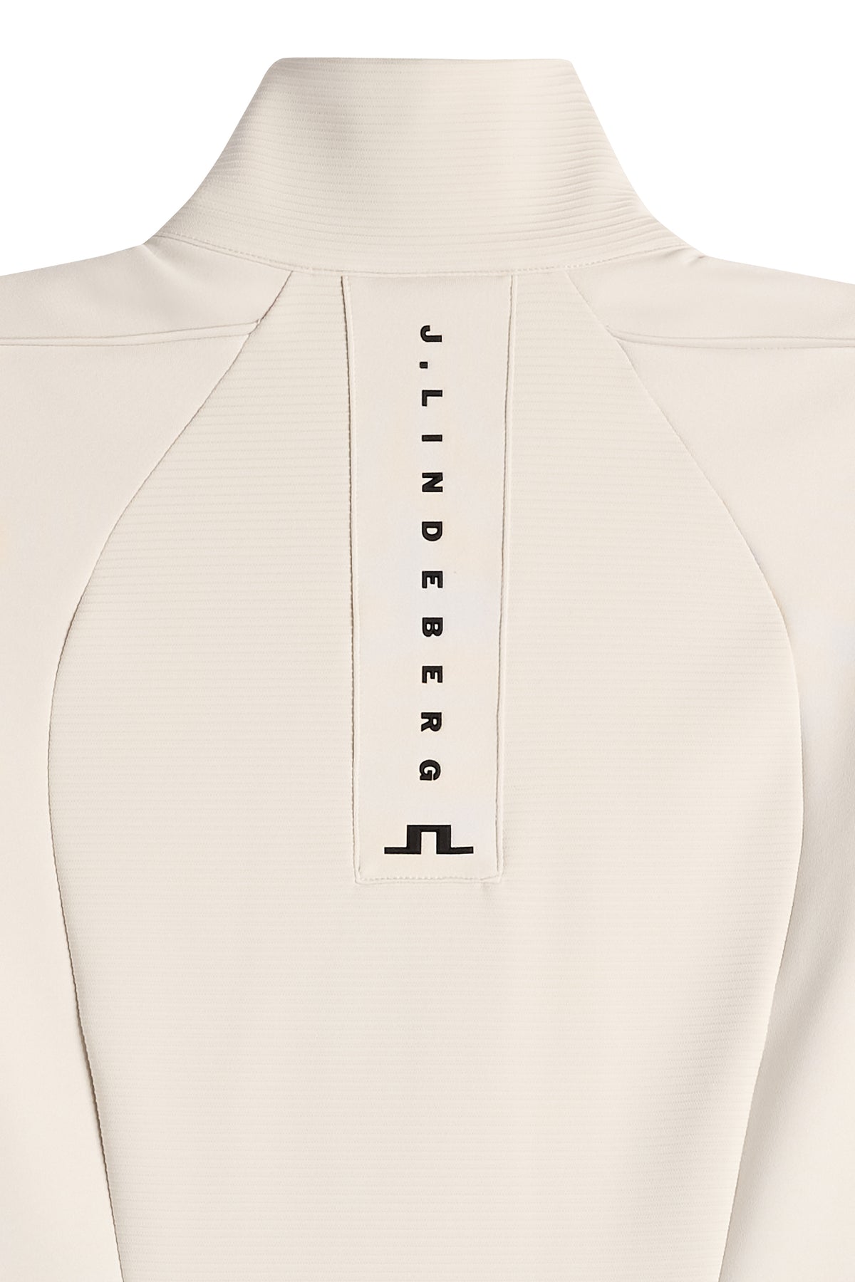 Close-up of the vertical J.LINDEBERG print and Bridge logo on the back of the Mireya Full Zip Mid Layer in Moonbeam.