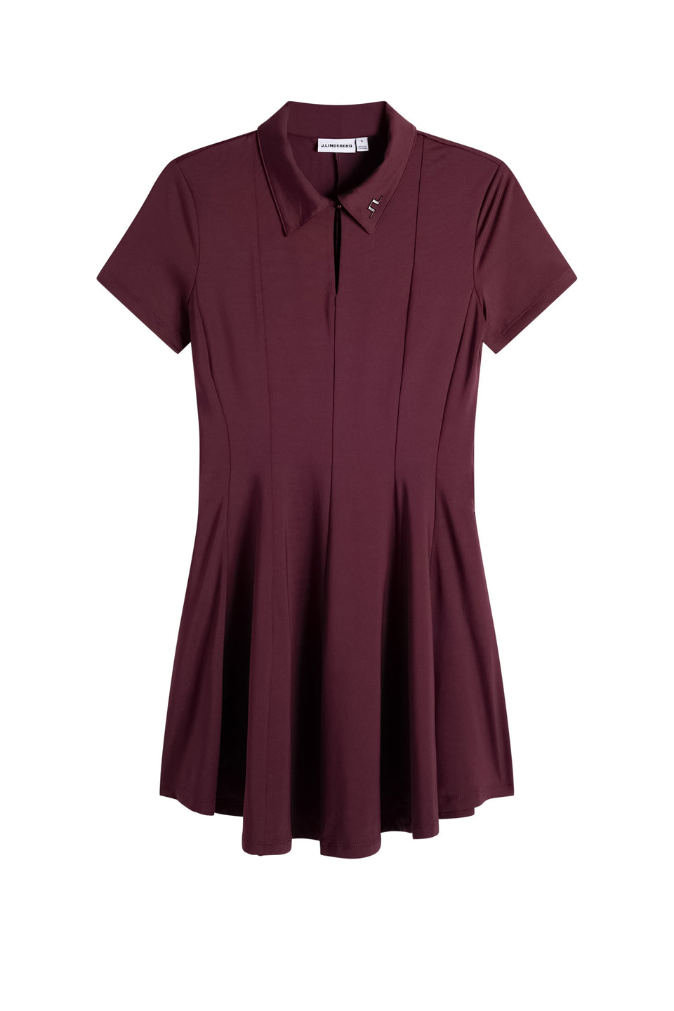 Vue de face : Robe Kura Dress bordeaux à manches courtes, col polo avec découpe goutte d'eau et logo Bridge.
