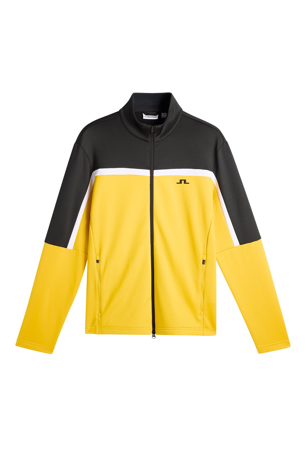 Vue de face : Sharpe Full Zip Mid Layer jaune et noir avec fermeture zippée et logo Bridge sur la poitrine.