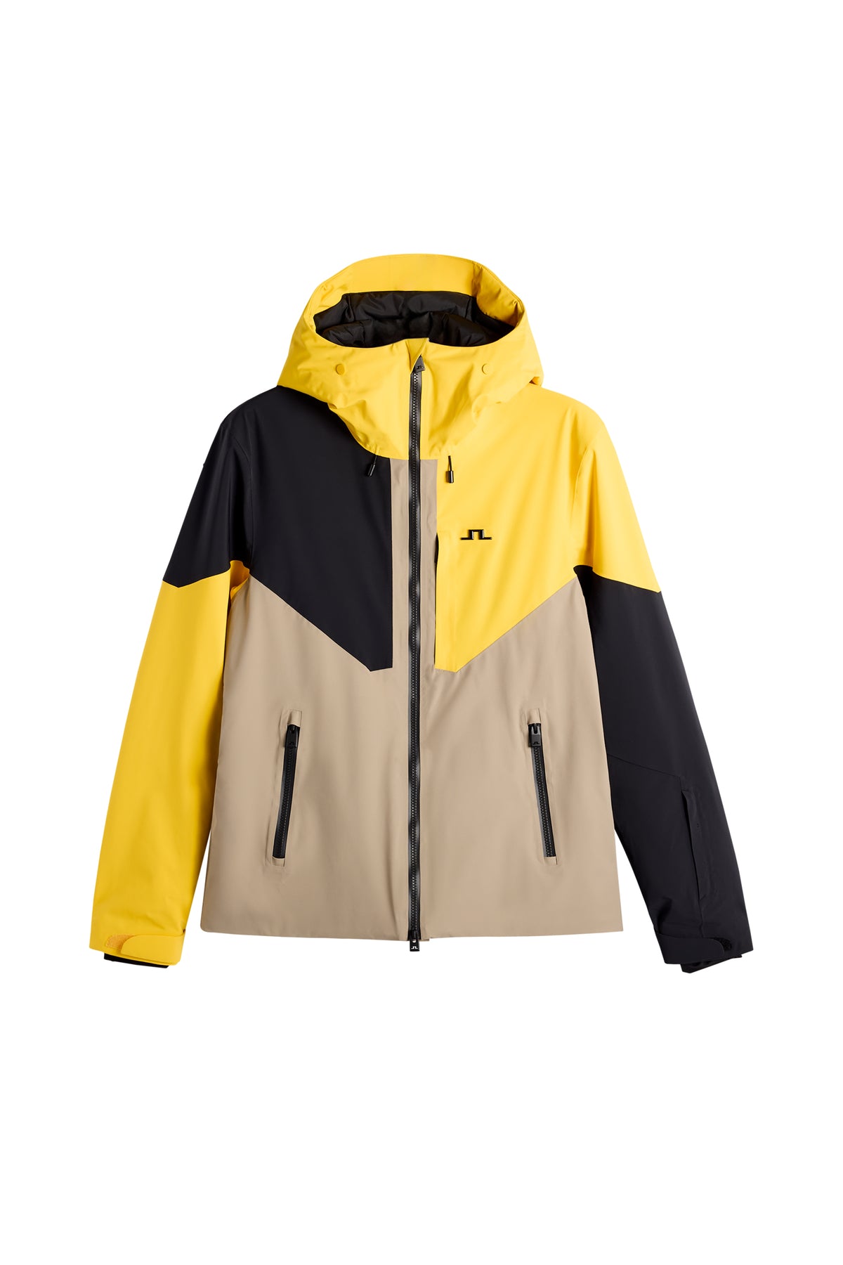 Set forfra: Farveblokeret Caldwell Jacket i Bumblebee med hætte, lynlåslommer og Bridge-logo på brystet.