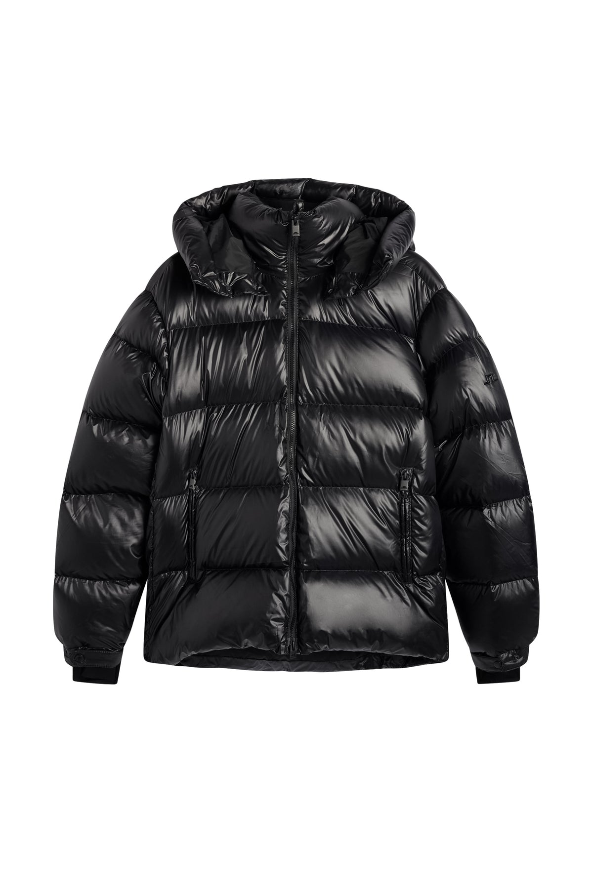 Vue de face : Creek Down Jacket noire à finition brillante, avec capuche et fermeture zippée.