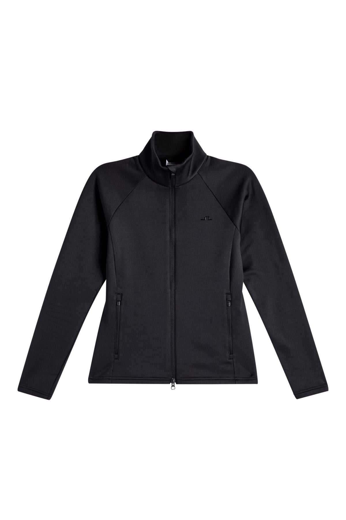 Vorderansicht: Portia Polartec Mid Layer in Schwarz mit hohem Kragen, Reißverschlusstaschen und Bridge-Logo auf der Brust.