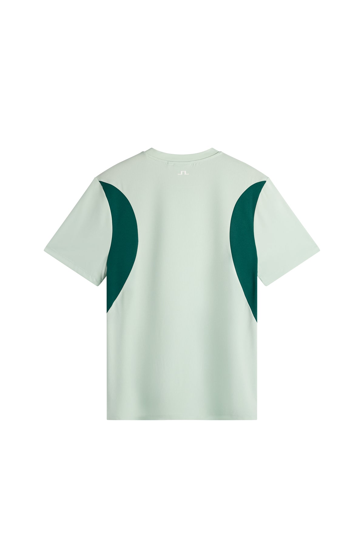 Dennis T-shirt in light green, back view featuring dark green side panels and a small Bridge logo below the collar.