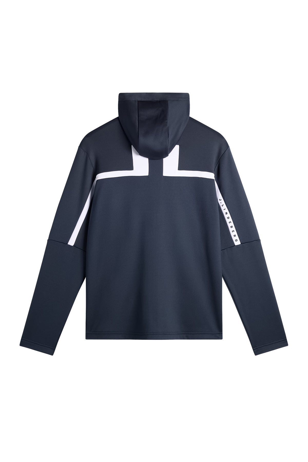 Sett bakfra: Sharpe Full Zip Hood i JL Navy med hette og hvit Bridge-detalj over ryggen.