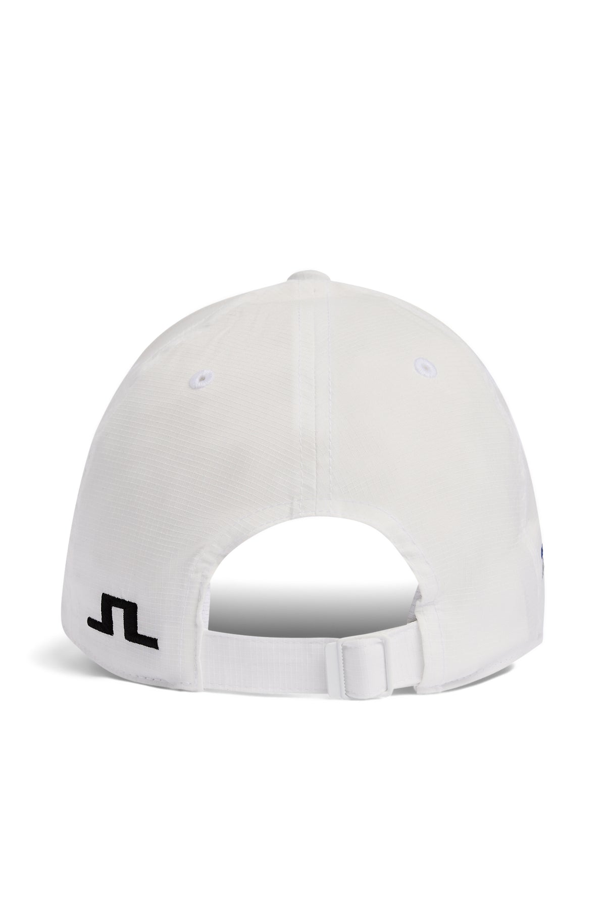 Back view: White Abe Cap with an adjustable back strap and embroidered Bridge logo.