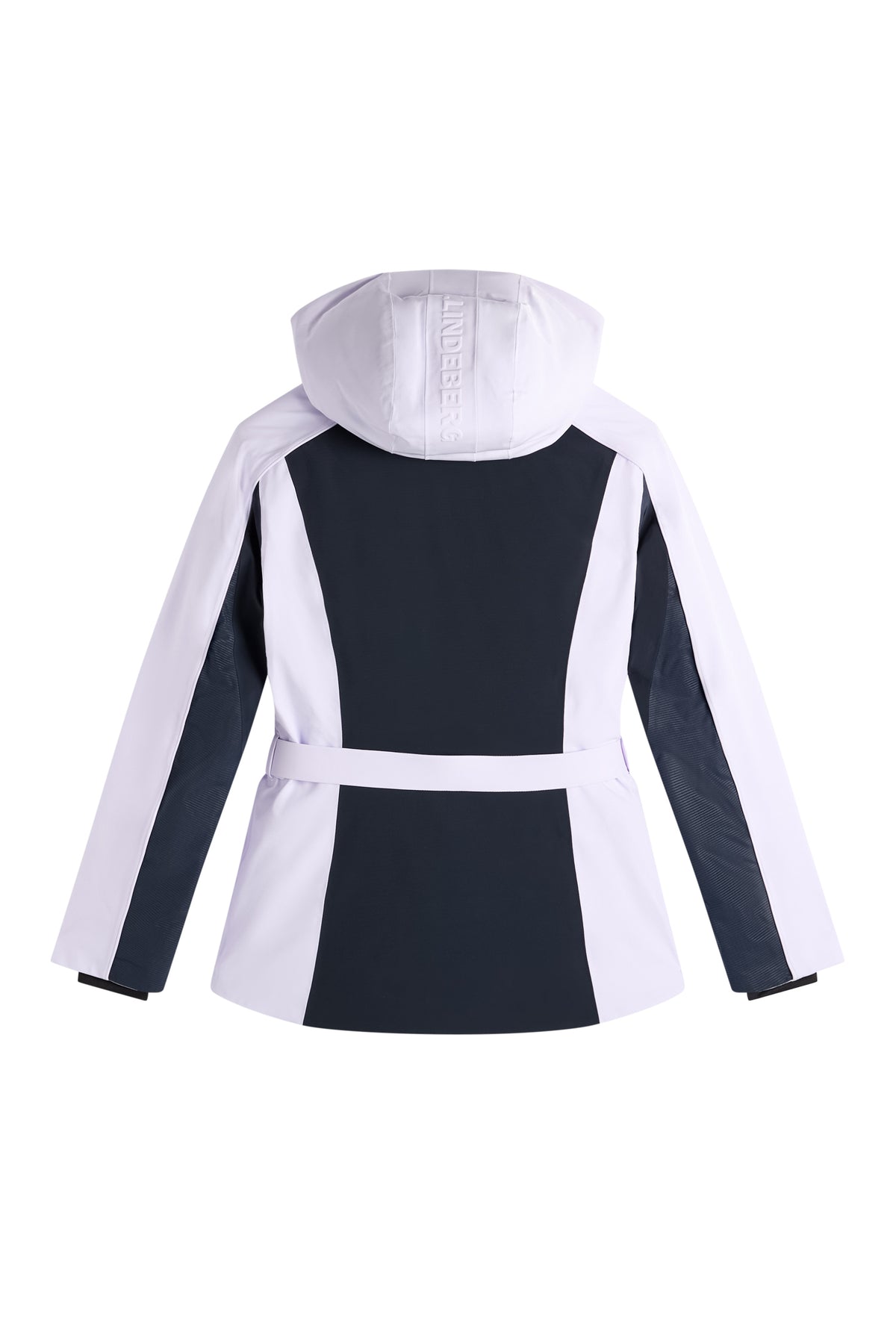 Rückansicht: Soleil Down Jacket im Colorblock-Design in Hellviolett und Dunkelblau mit Kapuze.