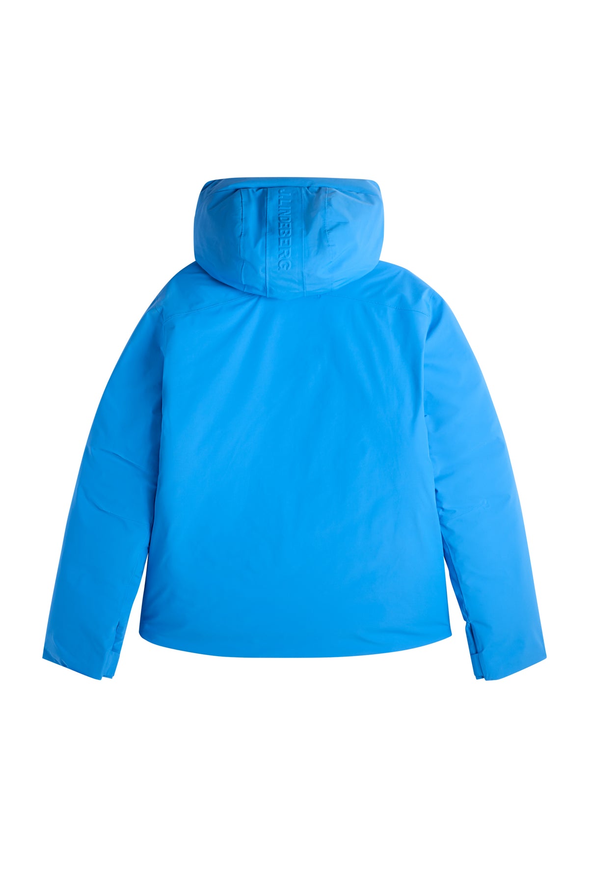 Set bagfra: Blå Oak Down Jacket med hætte, J.LINDEBERG-logo på hætten og justerbare velcromanchetter.