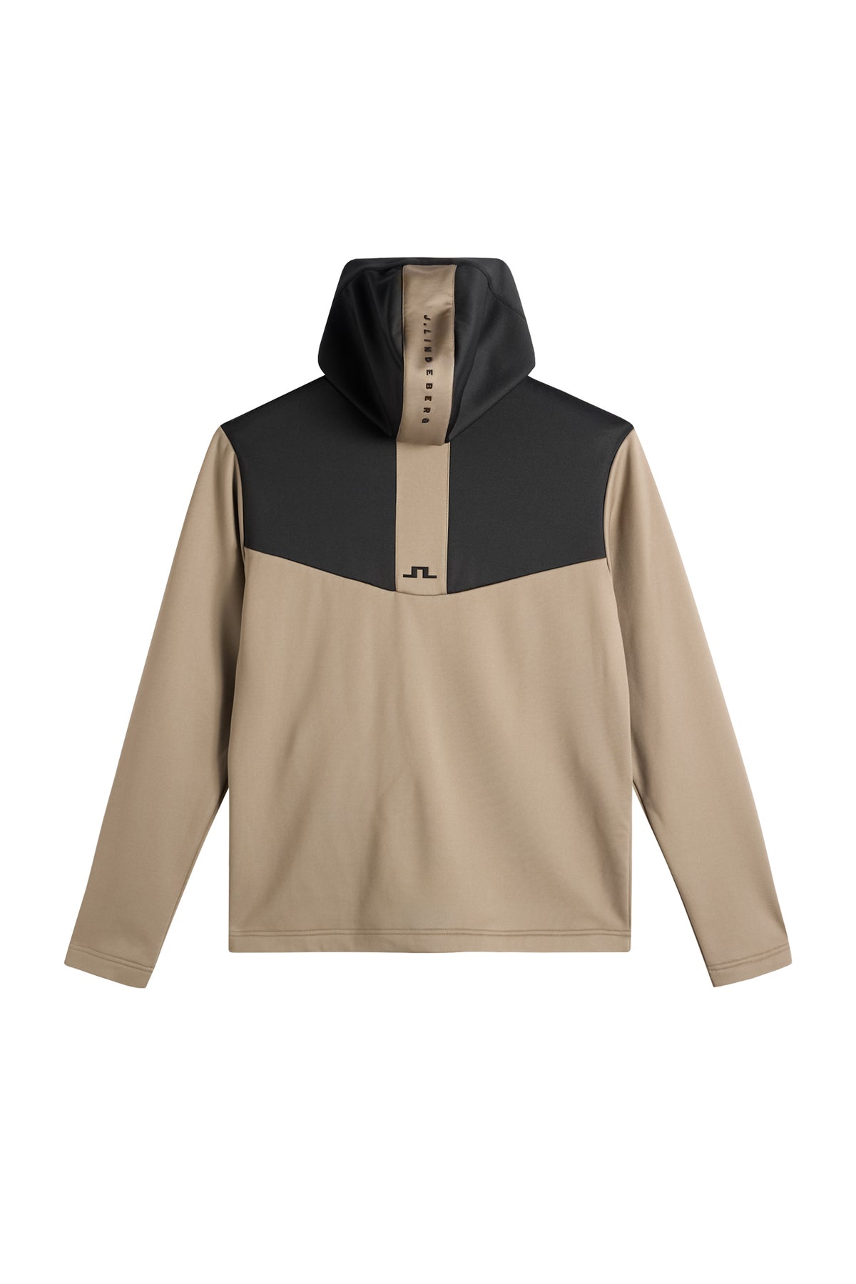 Maclean Zip Hood in beige and black, back view showing color-block design, J.Lindeberg text on hood, and small Bridge logo.