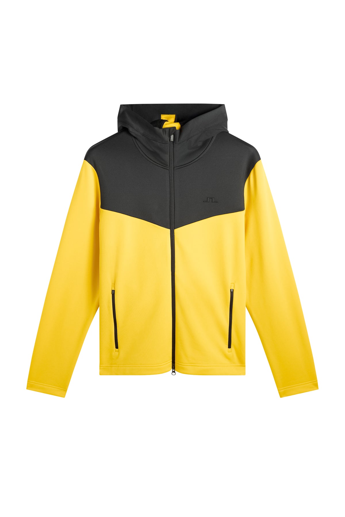 Set forfra: Maclean Zip Hood i gul og sort med tovejslynlås, hætte, lynlåslommer og Bridge-logo på brystet.