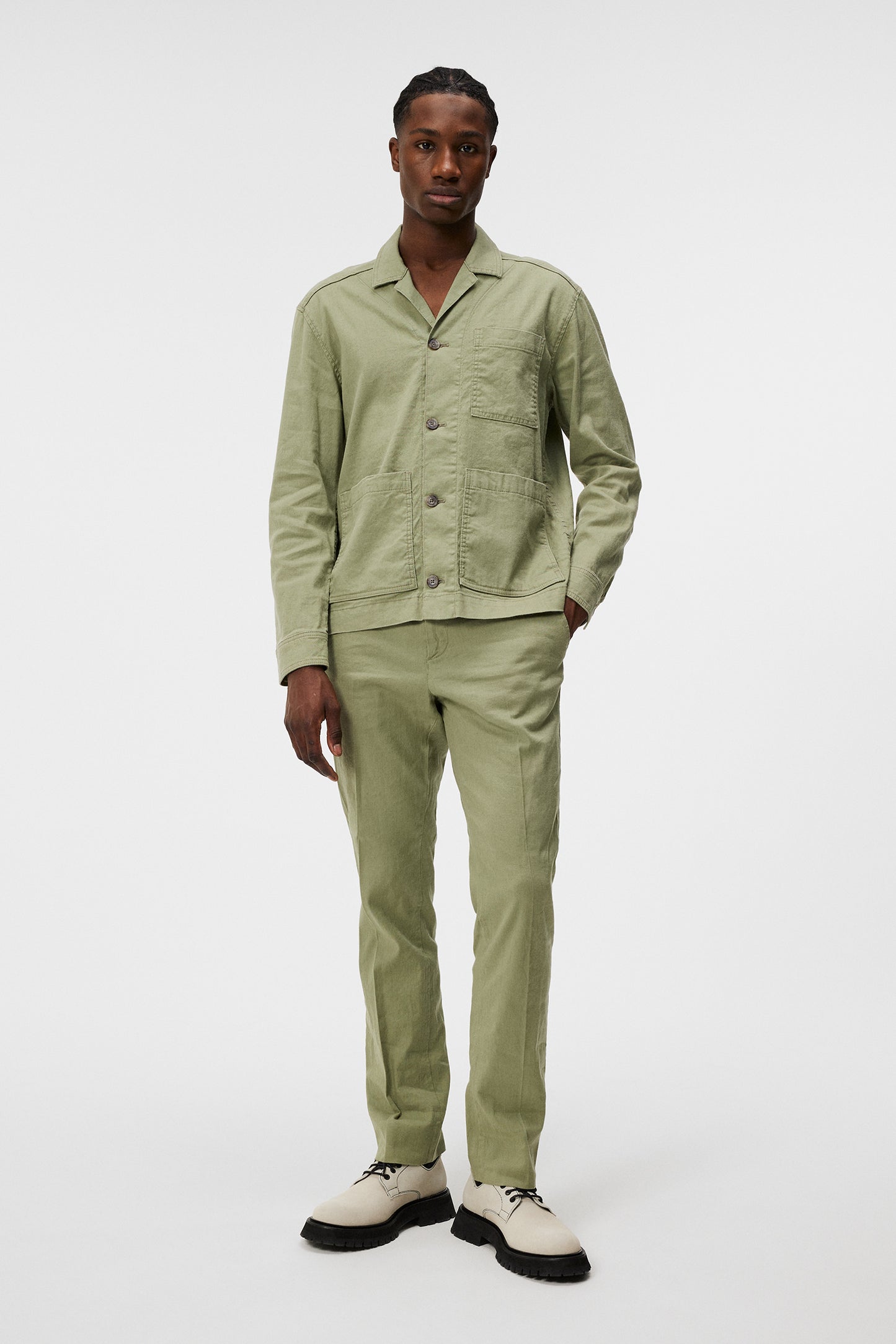 Errol Linen workwear overshirt Oil Green – - Main Image