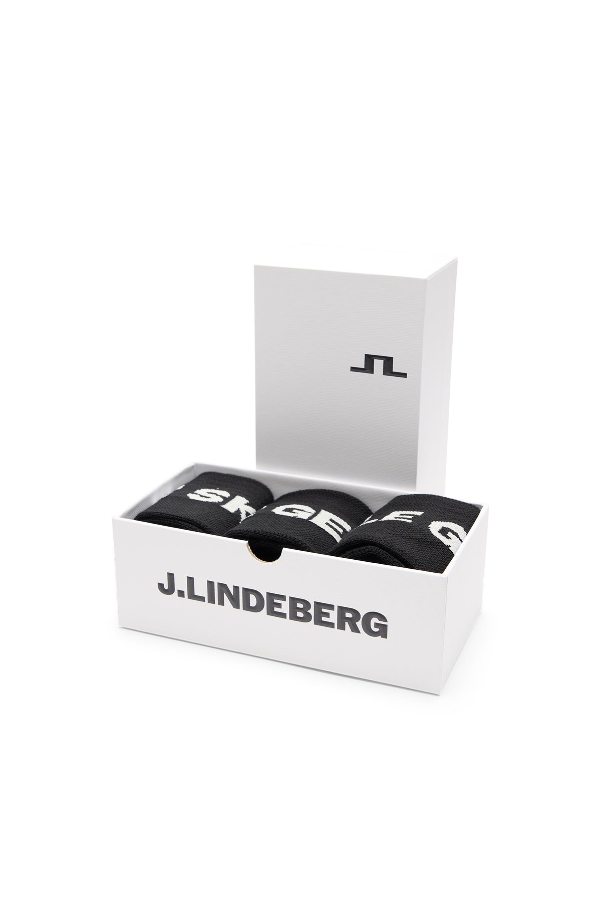 Three-pack of black Le Gend Socks displayed in an open white branded box with Bridge logo.