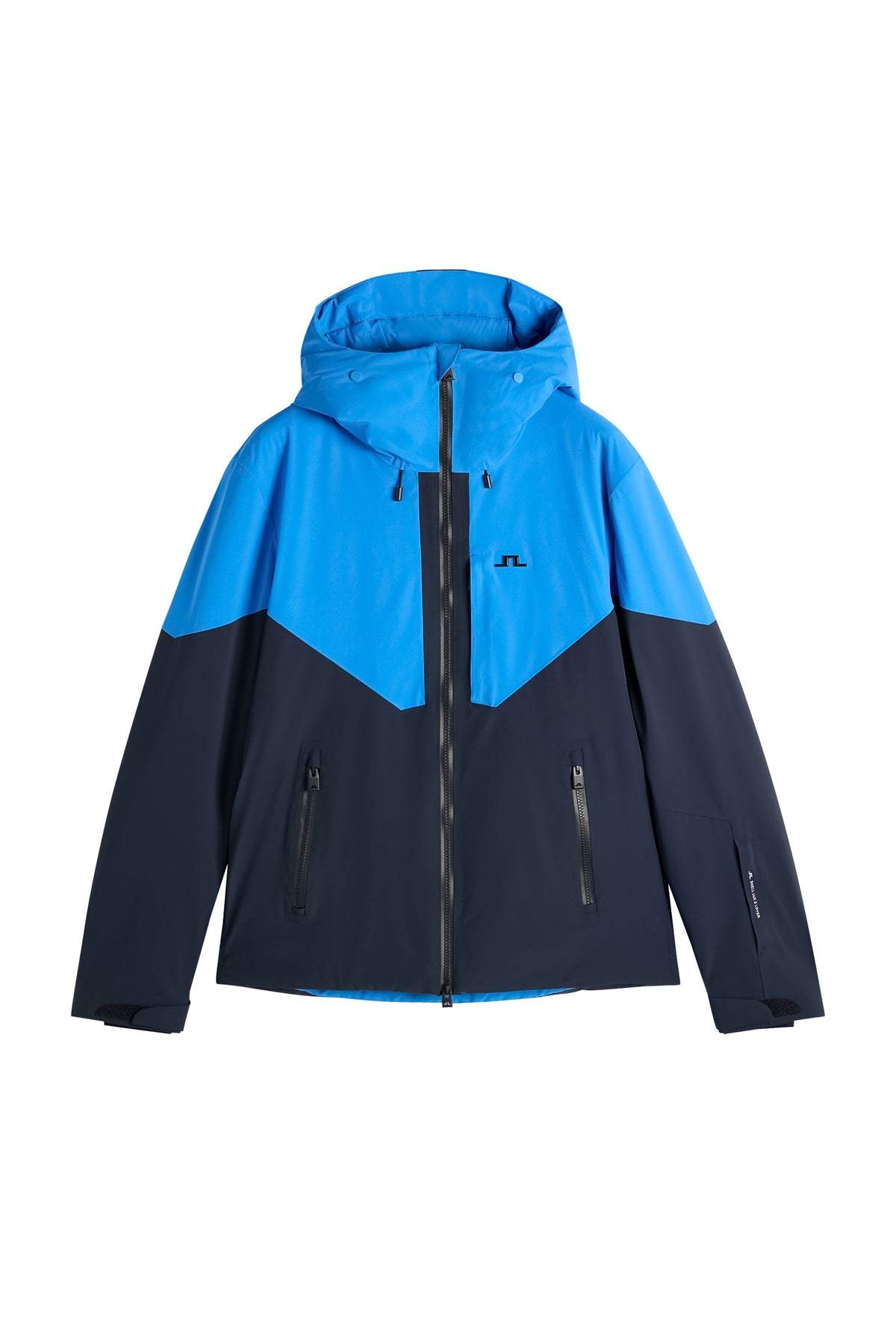 Vorderansicht: Caldwell Jacket in Sonic Blue im Colorblock-Design mit Kapuze, Reißverschlusstaschen und Bridge-Logo.