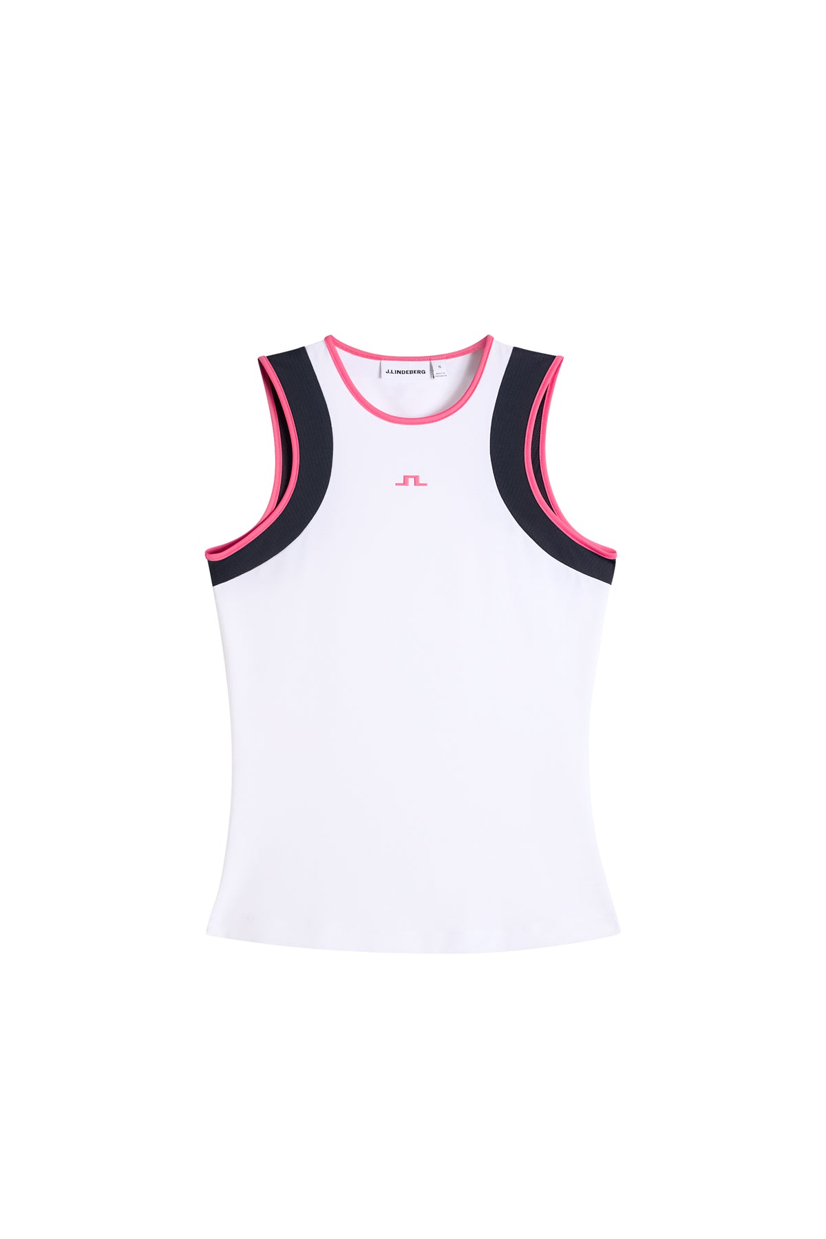 Vorderansicht: Weißes Ava Sleeveless Top mit Rundhalsausschnitt, Kontrasteinfassung und Bridge-Logo auf der Brust.