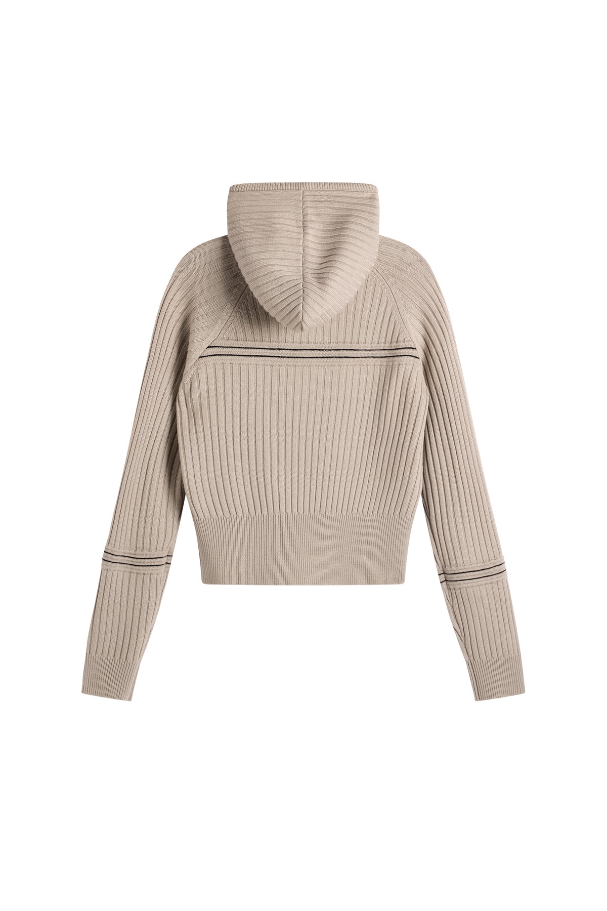 Rückansicht: Hilda Knitted Rib Hoodie in Moonbeam mit gestrickter Kapuze, Rippenstruktur und geripptem Saum.