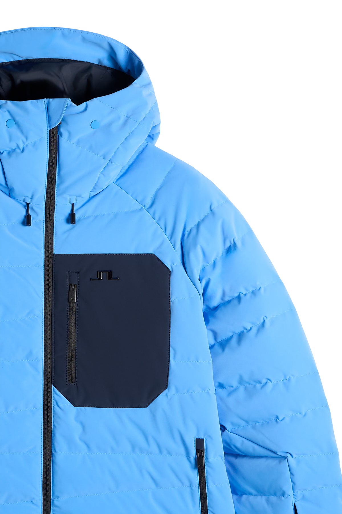 Close-up of the Thornton Down Jacket in Sonic Blue showing the zippered chest pocket and Bridge logo.
