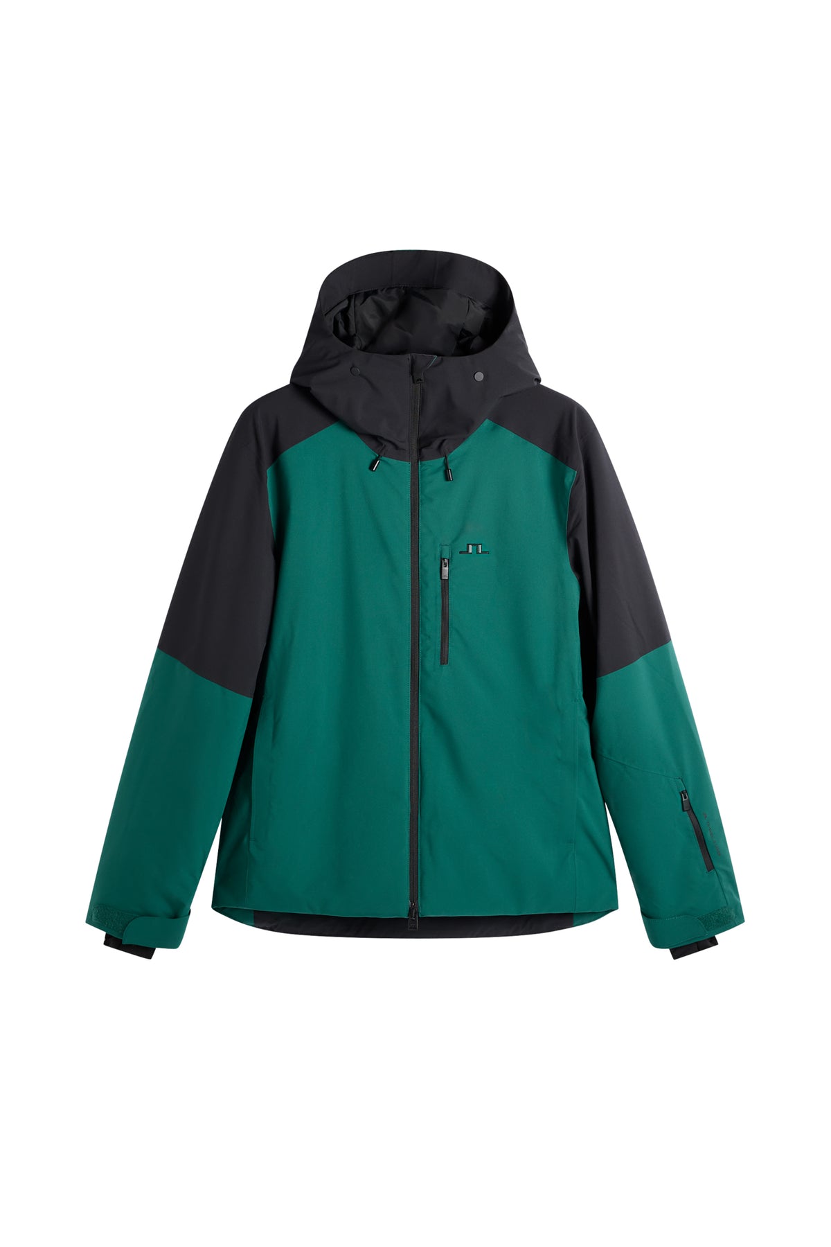Set forfra: Carrington Blocked Jacket i grøn og sort med fast hætte, lynlås i midten og Bridge-logo.