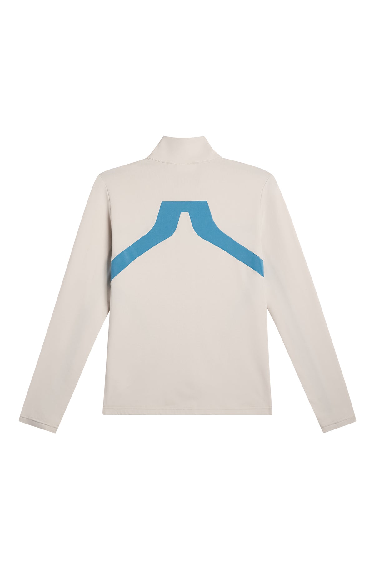 Back view of the Janice Mid Layer in Moonbeam with a large blue Bridge logo across the back.