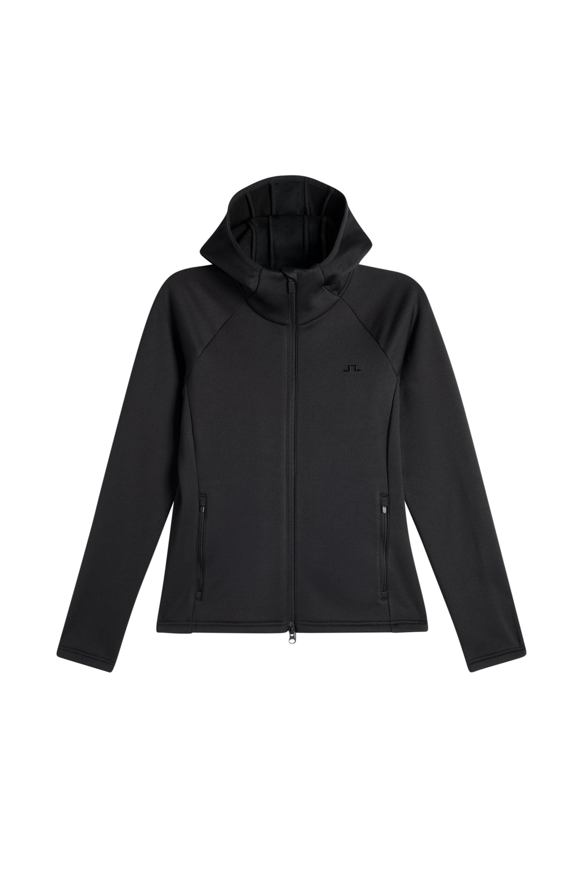 Set forfra: Sort Portia Polartec Hood med tovejslynlås, hætte, sidelommer og Bridge-logo på brystet.