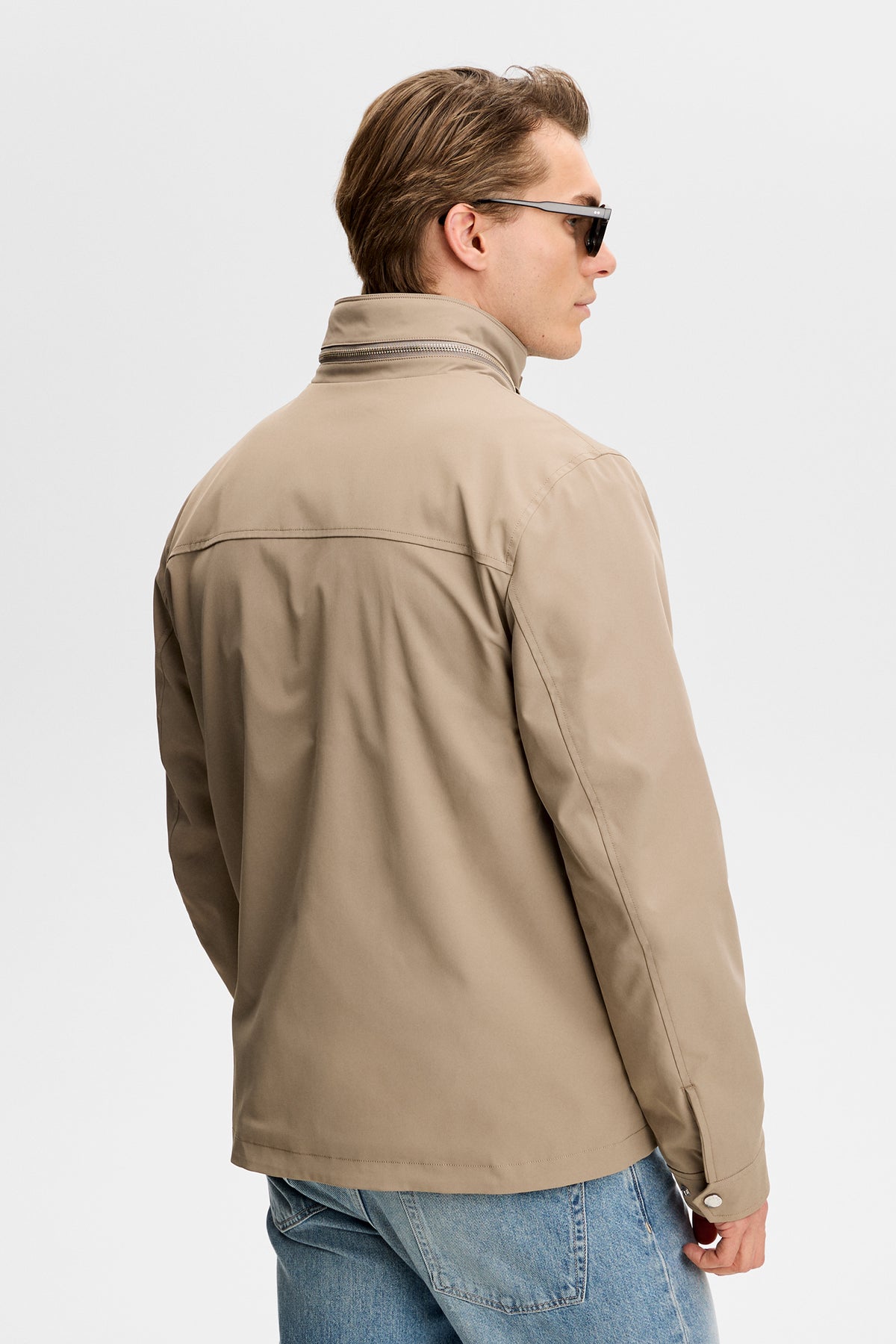 Bailey Recy Poly Jacket in Brindle, back view showing the zippered stand collar and back yoke.