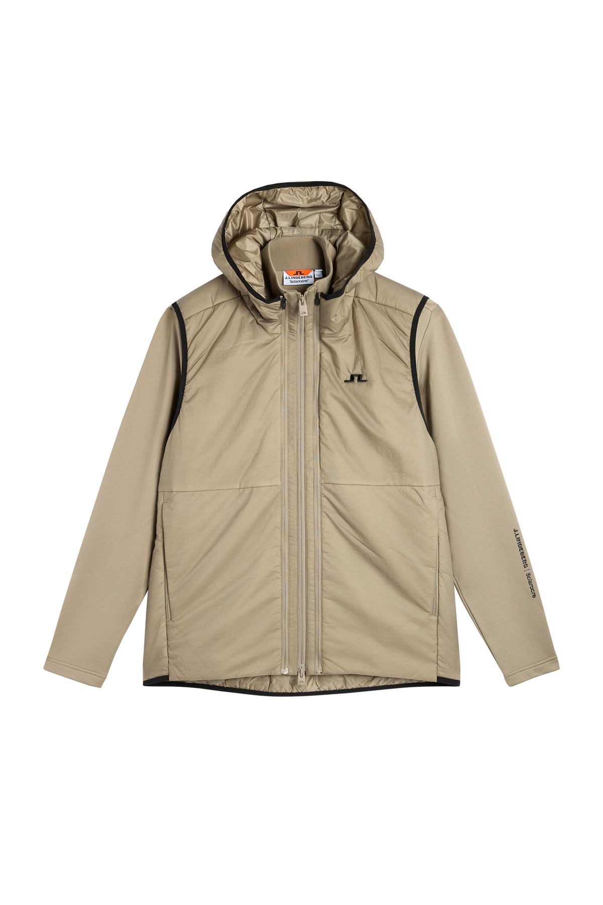 Vue de face : M Solarcore 3 in 1 Jacket en Brindle avec capuche, fermeture zippée et logo Bridge sur la poitrine.