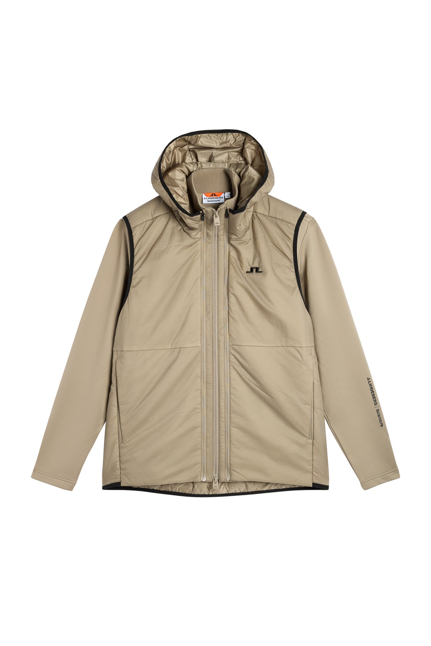 Vue de face : M Solarcore 3 in 1 Jacket en Brindle avec capuche, fermeture zippée et logo Bridge sur la poitrine.