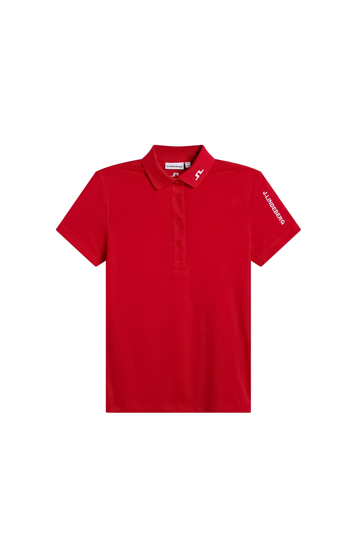Tour Tech Polo in red, front view with a four-button placket and Bridge logo on the collar.