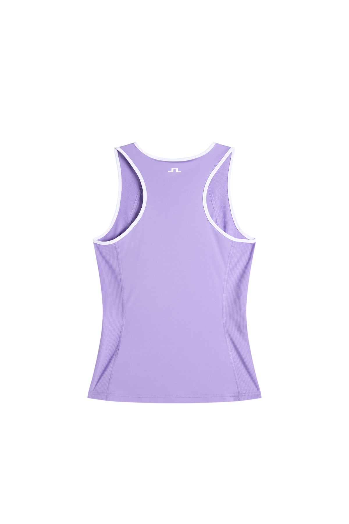 Rückansicht: Danaya Top in Lila mit weißer Kontrasteinfassung, Mesh-Einsätzen und Bridge-Logo im Nacken.