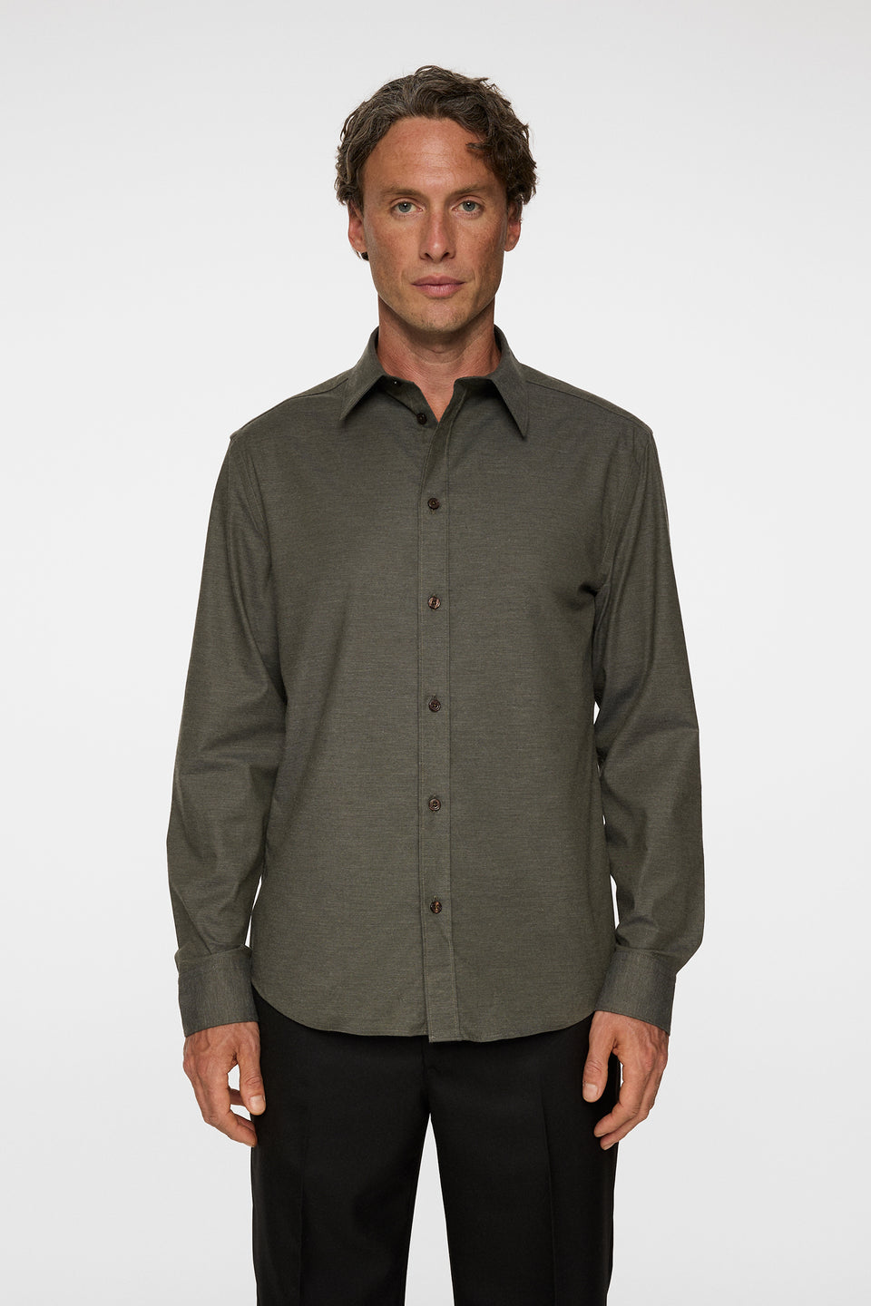 Slim Light Flannel Shirt / Forest Green Melange