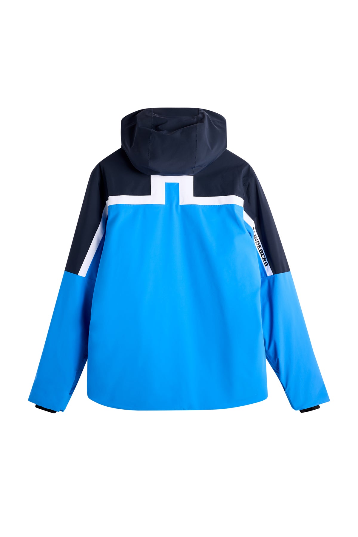 Back view: Windsor Jacket in Sonic Blue with colorblocked panels, fixed hood, and sleeve logo.