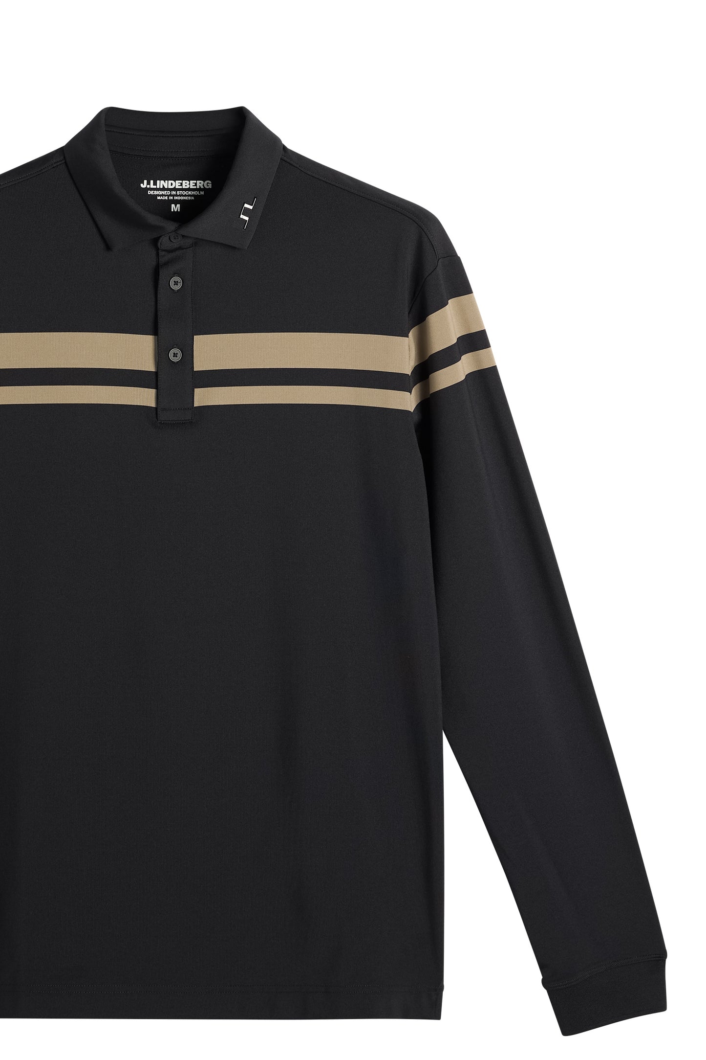 Detail shot: Kenny LS stripe polo in black showing horizontal chest stripes, button placket, and collar Bridge logo.